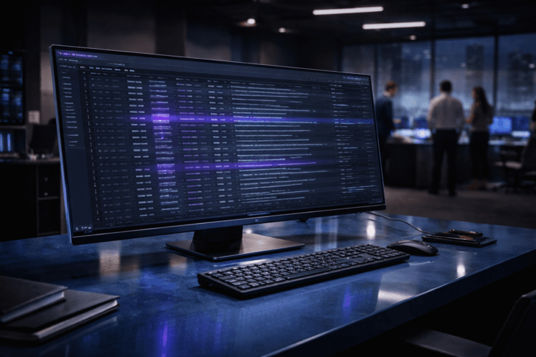 A photorealistic medium-wide cinematic shot, camera positioned approximately 1–2 meters from the subject, capturing a sleek ultra-wide glass monitor resting on a cobalt-blue vitrified ceramic desktop, its screen displaying neatly organized centralized log streams as softly glowing code-like lines and data columns in a refined 3D isometric-style interface, clearly readable within a realistic environment. The object integrates subtle electric-purple #7B63FF accents along selected log lines, interface highlights, and edge reflections, indicating intelligence and real-time analysis without overpowering realism. Set in a modern tech-noir enterprise observability control room at night, with a minimal, softly graded background of dark walls and additional dim screens, server racks and equipment gently receding into blur, and a faint city skyline visible through a distant glass wall, with natural human presence in the background or periphery as a small diverse team of professionals in business-casual attire collaborating around other workstations, slightly out of focus. Lighting is low-key and practical, driven by the glow of the main monitor, a few ambient ceiling panels, and a soft integrated white spotlight from above and slightly to the side, gently revealing the glossy ceramic surface, glass edges, and metallic details with clear form, texture, and depth. Cinematic realism, natural shallow-to-medium depth of field, premium materials, ultra-detailed, 8K, no captions, no extraneous text overlays, no watermarks.