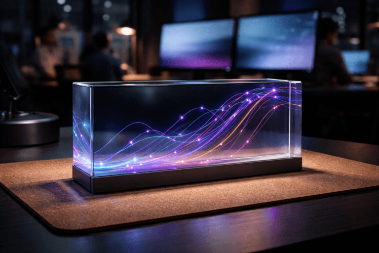 A photorealistic medium-wide cinematic shot, camera positioned approximately 1–2 meters from the subject, capturing a premium physical desk sculpture that materializes longitudinal studies: a solid rectangular glass block resting on a natural cork desk mat, with multiple gently curving 3D lines and paths rising inside it like a longitudinal trajectory graph, each translucent colored path representing an individual journey over time, small embedded nodes along the curves subtly glowing in electric purple #7B63FF, seen from a slight isometric three-quarter angle so the structure is instantly readable, playful yet sophisticated and clearly the hero object. The object integrates subtle electric-purple accents indicating analytical intelligence and temporal evolution without overpowering the realistic materials of glass, metal and cork. Set in a modern tech-noir data team office at night, with the cork mat on a dark minimalist workstation, blurred dual monitors in the background showing soft abstract data-light gradients, and a few diverse professionals in smart casual attire working and collaborating in the periphery, softly out of focus, hints of a city skyline through a window and LED strips casting cool blue and purple edge-light. Lighting is low-key and practical, coming from the computer screens, a desk lamp and distant office fixtures, complemented by a soft integrated white spotlight from above and slightly to the side, gently revealing the form, texture and depth of the glass block, cork surface and curved trajectories while letting the background fall into cinematic shadow. Cinematic realism, natural shallow-to-medium depth of field, 35mm–50mm photographic look, premium materials, ultra-detailed, 8K, no captions, no text overlays, no watermarks.