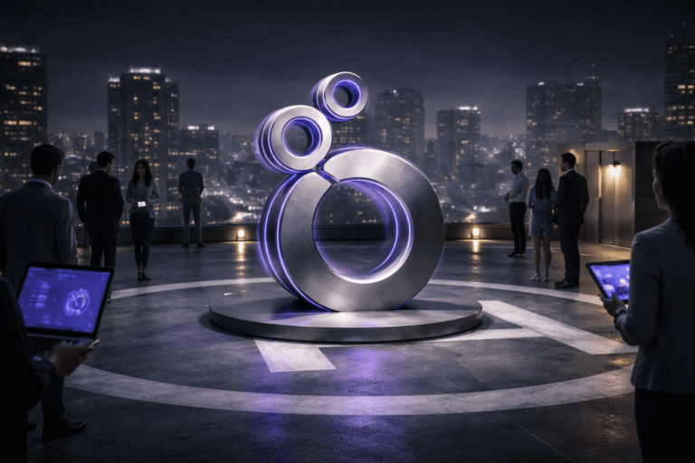 A photorealistic medium-wide cinematic shot, camera positioned approximately 1–2 meters from the subject, capturing a large physical 3D sculpture of the official Looker logo as the hero object, built in brushed metal with smooth premium finishes, mounted solidly at the center of a rooftop helipad with a clearly visible white “H” marking, the Looker logo clearly readable and also subtly repeated on nearby laptop and tablet screens held by people, all elements physically grounded and realistic. The object integrates subtle electric-purple (#7B63FF) accents as thin LED edge lighting and faint reflections along the metal contours and helipad markings, indicating data intelligence and activity without overpowering realism or turning into neon-glow fantasy. Set on a corporate skyscraper rooftop helipad at night in a Tech-Noir city, with a moody skyline of high-rise buildings, soft haze, and scattered architectural lights in the distance; a small, diverse group of realistic professionals in modern business-casual attire stand or move naturally around the periphery of the helipad, some discussing data on their devices, others looking toward the city, all with neutral, candid expressions and secondary to the main object. Lighting is low-key and practical, coming from discrete helipad floor lights, a nearby rooftop access doorway, and the glow of laptop and tablet screens, complemented by a soft integrated white spotlight from above and slightly to the side that gently reveals the form, texture, and depth of the Looker logo sculpture and the painted helipad surface, with subtle reflections on the wet concrete. Cinematic realism, 35mm lens look, natural shallow-to-medium depth of field, neutral corporate tones with restrained electric-purple accents, ultra-detailed materials, sharp but natural rendering, no captions, no text overlays, no watermarks, 8K.