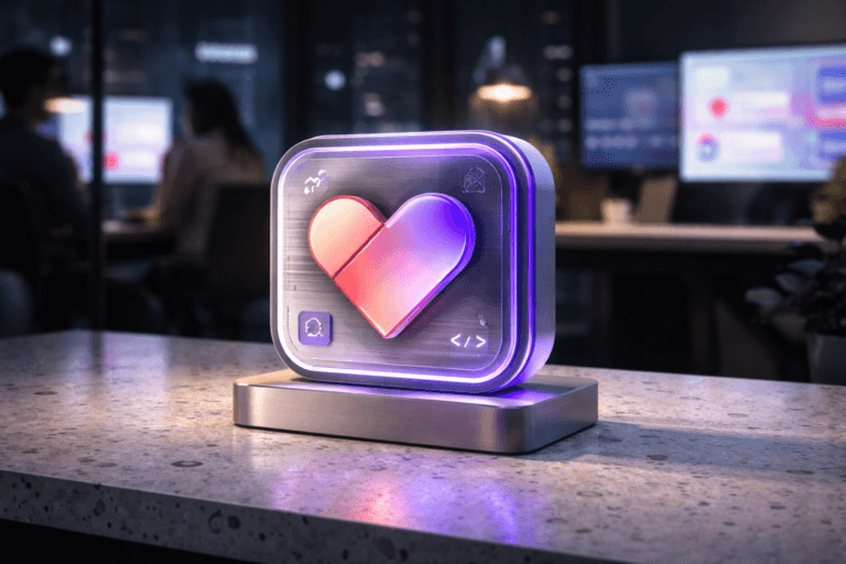 A photorealistic medium-wide cinematic shot, camera positioned approximately 1–2 meters from the subject, capturing a solid 3D isometric desktop sculpture of the official Lovable logo as the hero object, rendered in premium acrylic and brushed metal, resting on a white terrazzo (granilite) surface with small colorful stone chips, the Lovable logo clearly visible and sharply in focus, with subtle UI-inspired engravings and iconographic details hinting at AI-powered app building and integrations. The object integrates subtle electric-purple (#7B63FF) edge glows and internal reflections indicating intelligence or activity without overpowering the scene, blending with soft pink and warm coral accents that echo modern SaaS branding. Set in a contemporary tech-noir B2B SaaS office at night, with glass walls, faint reflections of city lights, and a few large out-of-focus monitors in the background showing abstract Lovable-style dashboards and app layouts, while a diverse group of realistic professionals (marketers and engineers) collaborate in the periphery, partially silhouetted and softly blurred to keep the focus on the logo sculpture. Lighting is low-key and practical, coming from desk lamps, monitor glow, and a soft integrated white spotlight from above and slightly to the side, gently revealing the terrazzo texture, the polished edges of the 3D logo, and subtle shadows across the surface. Cinematic realism, natural shallow-to-medium depth of field, neutral corporate color palette with restrained neon purple and blue accents, premium materials, ultra-detailed, 35mm lens look, no text overlays, no watermarks, 8K.