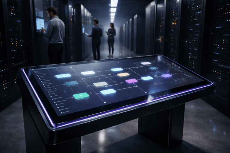 A photorealistic medium-wide cinematic shot, camera positioned approximately 1–2 meters from the subject, capturing a sleek, waist-high interactive glass console representing a low-code development platform, its surface showing a clean grid of modular, color-coded blocks and drag-and-drop flow connections in a subtle isometric layout, built with premium black metal and glass so that the interface is clearly readable within a realistic environment. The object integrates subtle electric-purple (#7B63FF) accents as fine glowing connection lines and edge highlights indicating intelligence or activity without overpowering realism. Set in a cold, futuristic data center corridor, flanked on both sides by tall matte-black server racks with scattered status LEDs, the aisle stretching into the distance with a slight haze for depth, with a small, diverse group of realistic IT professionals in smart-casual clothing in the background and periphery, casually monitoring tablets and wall-mounted screens. Lighting is low-key and practical, coming from overhead fluorescent strips, server LEDs, and the console’s screens, complemented by a soft integrated white spotlight from above that gently reveals the console’s form, glass reflections, and metal texture, casting subtle shadows on the polished floor. Cinematic realism, natural depth of field, neutral corporate color palette with restrained neon accents, premium materials, ultra-detailed, 8K, no text, no watermarks.