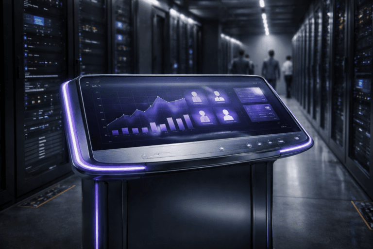A photorealistic medium-wide cinematic shot, camera positioned approximately 1–2 meters from the subject, capturing a sleek, waist-high glass-and-metal CRM command console as a physical “loyalty program control panel,” its large curved touch display showing abstract, textless graphs, member silhouettes and loyalty-card icons, clearly readable within a realistic environment. The object integrates subtle electric-purple #7B63FF accents along the console edges, interface highlights and status LEDs, indicating intelligence or activity without overpowering realism. Set inside a cold, dimly lit data center corridor lined with tall black server racks receding into the background, with exposed cabling, floor markers and cooling vents adding realism, and a few blurred, diverse professionals in smart-casual attire and access badges moving between the racks in the periphery, focused on their work. Lighting is low-key and practical, coming from overhead strip lights, server LEDs and the console screen, complemented by a soft integrated white spotlight from above and slightly to the side, gently revealing form, texture, and depth. Cinematic realism, natural depth of field, premium materials, ultra-detailed, 8K, 35mm lens, no captions, no text overlays, no watermarks.