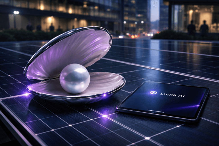 A photorealistic medium-wide cinematic shot, camera positioned approximately 1–2 meters from the subject, capturing a real, perfectly smooth iridescent pearl cradled inside a refined open seashell with clean, slightly futuristic contours and subtle metallic edges, resting carefully on a dark blue photovoltaic solar panel with a precise silver grid; beside the shell, a slim, modern tablet lies on the panel, its screen clearly showing the Luma AI interface with the official Luma AI logo visible but not overpowering the frame, with subtle electric-purple (#7B63FF) accents glowing gently along the inner rim of the shell, reflected in the pearl and as a fine LED line tracing part of the panel, indicating intelligent activity while preserving realism, all clearly readable within a realistic environment. The object integrates subtle electric-purple accents indicating intelligence or activity without overpowering realism. Set in a tech-noir rooftop of a contemporary corporate building at dusk, the solar panel array stretching into the midground, glass façades of the headquarters reflecting neon city lights and distant traffic below, with a few softly out-of-focus diverse professionals in smart-casual attire moving and collaborating near other panels or visible through the glass in a lit workspace, providing natural human presence in the background without distracting from the hero object. Lighting is low-key and practical, coming from the cool ambient glow of the city, small rooftop fixtures, and the tablet screen, complemented by a soft integrated white spotlight from above and slightly to the side, gently revealing form, texture, and depth on the pearl, shell, and solar panel surface, with natural shallow-to-medium depth of field, cinematic realism, premium materials, ultra-detailed, 8K, no captions, no text overlays, no watermarks.