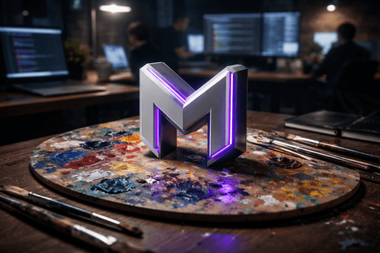 A photorealistic medium-wide cinematic shot, camera positioned approximately 1–2 meters from the subject, capturing a solid 3D isometric M‑Shaped brand logo sculpture resting on a worn wooden artist’s palette smeared with vivid, mixed oil paints, the polished metallic “M” logo clearly visible on the front face and its faceted, isometric-inspired edges catching the light, clearly readable within a realistic environment. The object integrates subtle electric-purple #7B63FF accents running as thin illuminated lines along the inner edges of the M, suggesting intelligence and activity without overpowering realism. Set in a Tech-Noir inspired SaaS product squad workspace at night, the paint-covered palette and M‑Shaped logo placed on a large wooden desk, with softly glowing laptop screens, blurred code and dashboards on external monitors, scattered brushes and notebooks, and a few diverse tech professionals in the background working and discussing quietly, partially out of focus at their stations. Lighting is low-key and practical, coming from desk lamps, monitor glow, and a soft integrated white spotlight from above and slightly to the side, gently revealing the texture of the oily paints, the grain of the wood, and the smooth premium surface of the logo sculpture, with subtle reflections of electric purple on nearby objects. Cinematic realism, natural shallow-to-medium depth of field, neutral corporate tones with restrained neon purple and teal accents, premium materials, ultra-detailed, 8K, no captions, no text overlays, no watermarks.