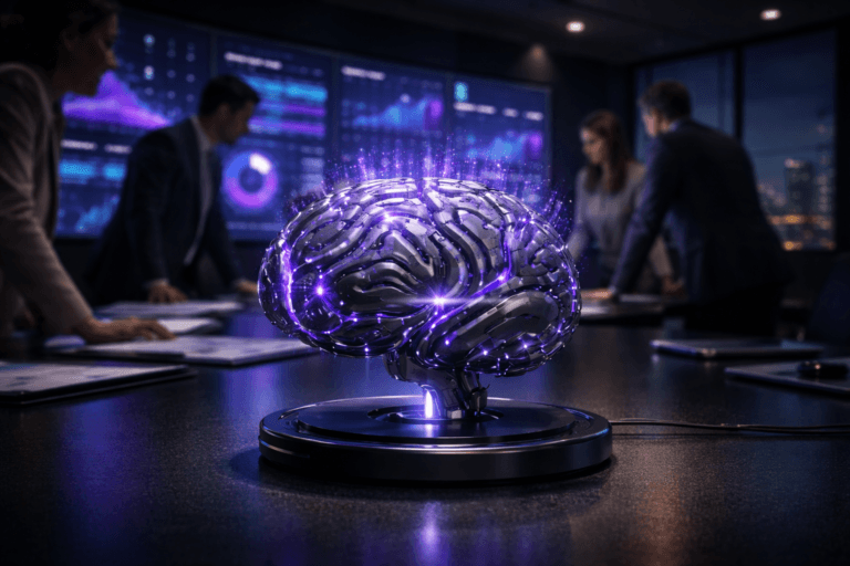 A photorealistic medium-wide cinematic shot, camera positioned approximately 1–2 meters from the subject, capturing a polished mechanical brain device as the hero object — a dense, metallic brain-shaped structure with glass inlays and fine circuit details, hovering just above a sleek black circular wireless charging base on a dark conference table, streams of tiny colored data particles flowing into its surface like incoming information — clearly readable within a realistic environment. The object integrates subtle electric-purple (#7B63FF) accents pulsing along its engraved circuit lines and softly within the incoming data particles, indicating intelligence and real-time activity without overpowering realism. Set in a high-end corporate war room at night, with a large curved wall of cockpit-style dashboards and data visualizations glowing in electric purple and cool cyan, glass walls revealing a distant city skyline, and a small, diverse group of marketing and data professionals in the background and periphery, standing and leaning over the table, candidly collaborating while glancing between the brain device and the analytics screens. Lighting is low-key and practical, coming from the dashboard screens, a few recessed ceiling lights, and a soft integrated white spotlight from above that gently highlights the mechanical brain and charging base, revealing form, brushed-metal texture, and reflections on the tabletop, while the background falls into a natural, slightly blurred depth of field. Cinematic realism, natural depth of field, premium materials, ultra-detailed, 8K, no text, no watermarks.