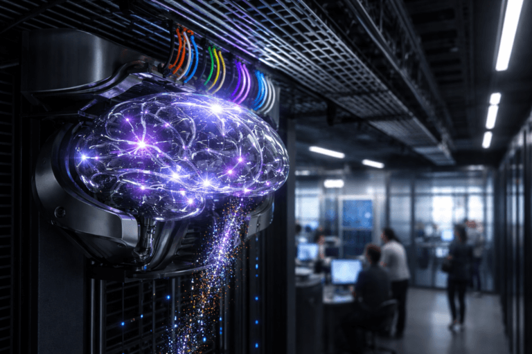 A photorealistic medium-wide cinematic shot, camera positioned approximately 1–2 meters from the subject, capturing a transparent mechanical brain-shaped device embedded in a sleek metallic housing, mounted just beneath a meticulously organized ceiling cable tray, with streams of tiny colored light particles and data flowing into the brain through color-coded fiber-optic cables, subtly evoking unsupervised machine learning analytics, clearly readable within a realistic environment. The object integrates subtle electric-purple #7B63FF accents pulsing along select cables and within the brain’s internal circuits, indicating intelligence and constant learning activity without overpowering realism. Set in a real-world tech-noir corporate data center corridor that opens onto a modern analytics office, with immaculate cable management on the ceiling, racks and glass partitions in the mid-ground, and a few diverse IT professionals and data scientists moving and collaborating below in soft focus. Lighting is low-key and practical, coming from overhead LED strips, monitor glow from the office area, and the gentle luminescence of the cables, complemented by a soft integrated white spotlight from above and slightly to the side, gently revealing form, texture, and depth of the mechanical brain and cable tray. Cinematic realism, natural shallow-to-medium depth of field, neutral corporate tones with restrained neon reflections, premium materials, ultra-detailed, 8K, no captions, no text overlays, no watermarks.