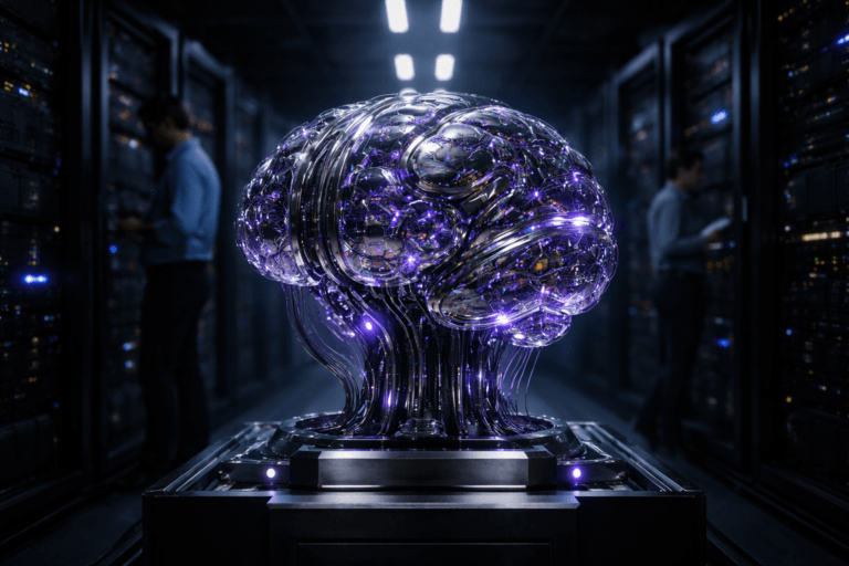 A photorealistic medium-wide cinematic shot, camera positioned approximately 1–2 meters from the subject, capturing a life-size mechanical brain-shaped server core as the hero object, a polished metal and glass device mounted on a low industrial pedestal in the center of the aisle, with visible circuitry, fiber connections, and streams of tiny multicolored particle-like LEDs and light trails flowing into its surface panels, clearly readable within a realistic environment. The object integrates subtle electric-purple accents indicating intelligence or activity without overpowering realism. Set in a cold, Tech-Noir data center corridor flanked by tall matte-black server racks that recede into darkness, with cool ambient light, subtle electric-purple glows from status LEDs and cable runs, and a few softly out-of-focus engineers in access badges and neutral business-casual clothing moving and checking tablets in the background. Lighting is low-key and practical, coming from overhead strip lights, server indicators, and device screens, complemented by a soft integrated white spotlight from above and slightly to the side, gently revealing form, texture, and depth of the mechanical brain and nearby hardware. Cinematic realism, natural depth of field, premium materials, ultra-detailed, 8K, 35mm lens look, no text, no captions, no watermarks.