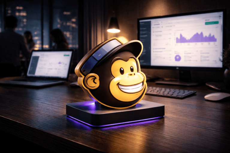 A photorealistic medium-wide cinematic shot, camera positioned approximately 1–2 meters from the subject, capturing a solid premium 3D isometric sculpture of the official Mailchimp logo in its recognizable brand colors, placed on a sleek dark wooden desk in front of a tall panel of braided raw linen fabric used as a tactile backdrop, with the Mailchimp platform subtly open on a nearby laptop and monitor screen, clearly readable within a realistic environment. The object integrates subtle electric-purple (#7B63FF) accent lighting along the base and desk reflections, indicating intelligence or activity without overpowering realism. Set in a dimly lit, modern marketing command-center office at night, with floor-to-ceiling windows hinting at a neon-lit city skyline, multiple large screens showing softly blurred email-analytics dashboards, cool blue and electric-purple screen glow on the linen texture and desk, and a small diverse team of professionals in smart-casual attire collaborating in the background or periphery, slightly out of focus. Lighting is low-key and practical, from monitors, a desk lamp, and a soft integrated white spotlight from above and slightly to the side, gently revealing the logo’s form, the linen’s woven texture, and the desktop’s materials, with natural shallow-to-medium depth of field and a 35mm–50mm cinematic look. Cinematic realism, premium materials, ultra-detailed, 8K, no captions, no text overlays, no watermarks.
