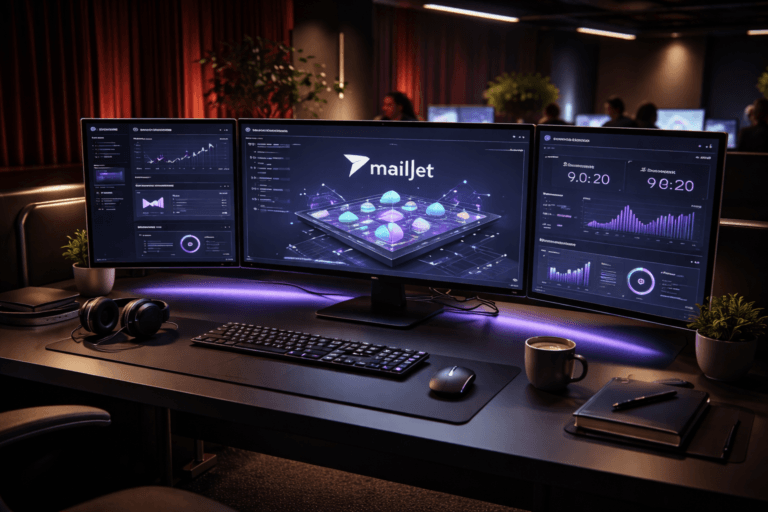 A photorealistic medium-wide cinematic shot, camera positioned approximately 1–2 meters from the subject, capturing a sleek email-operations cockpit desk as the hero object: multiple ultrawide monitors on a premium black workstation displaying the Mailjet email marketing analytics dashboard in a crisp 3D isometric “cockpit” view, with the official Mailjet logo clearly visible on the main screen, surrounded by real-world details like a keyboard, mouse, notebooks, headphones and a coffee mug. Subtle electric-purple (#7B63FF) accents run through interface highlights, LED strips along the desk edges, and a few glowing indicator lines around key metrics, indicating intelligence and activity without overpowering realism. Set in a dimly lit tech-noir control room inside a modern office at night, with rich real red velvet acoustic curtains and wall panels forming the background, giving the sense of a premium theater-like command center. In the periphery and background, a small, diverse team of professionals works at neighboring stations, candidly focused on their screens, slightly out of focus so the cockpit desk and Mailjet interface remain the clear focal point. Lighting is low-key and practical, coming from the monitor glow, a few discreet desk lamps, and a soft integrated white spotlight from above and slightly to the side, gently revealing the textures of the red velvet, brushed metal, and matte plastics while adding depth and subtle reflections. Cinematic realism, natural shallow-to-medium depth of field, premium materials, ultra-detailed, 8K, no captions, no text overlays, no watermarks.