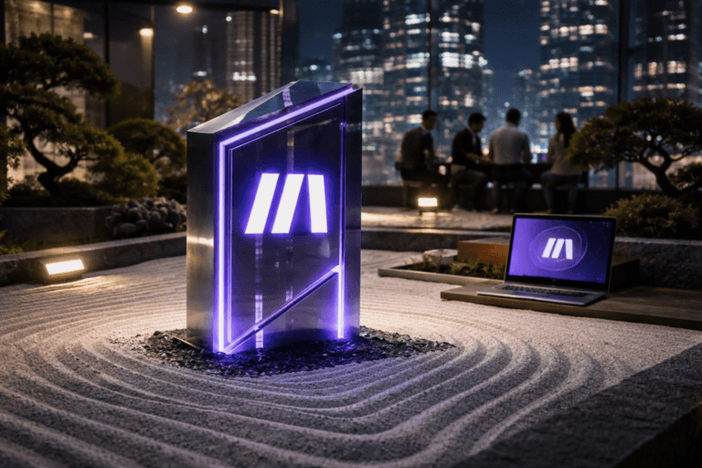A photorealistic medium-wide cinematic shot, camera positioned approximately 1–2 meters from the subject, capturing a solid 3D isometric sculpture of the official Make logo as the hero object, rendered as a polished metal-and-glass totem emerging from raked white sand, the Make logo clearly visible on its front face and subtly repeated on a nearby open laptop screen resting on a low wooden platform within a realistic environment. The object integrates subtle electric-purple (#7B63FF) edge lighting and thin internal glow lines that suggest intelligent data flows and automation activity without overpowering realism. Set in a rooftop corporate zen garden at night in a tech-noir city environment, with carefully combed white sand in flowing wave patterns, minimalist dark stone borders, a few sculpted bonsai trees, and a distant skyline of glass office towers with soft neon reflections, with natural human presence in the background and periphery: a small group of diverse professionals in business-casual attire, seated on a wooden bench and standing along a glass railing, quietly working on laptops and talking, slightly out of focus so the Make logo sculpture remains the clear focal point. Lighting is low-key and practical, coming from slim LED floor strips, the laptop screens, and a faint city glow, complemented by a soft integrated white spotlight from above and slightly to the side, gently revealing form, texture, and depth of the Make logo sculpture, sand patterns, and surrounding materials. Cinematic realism, 35mm lens look, natural shallow-to-medium depth of field, neutral corporate color palette with restrained electric-purple accents, premium materials, subtle reflections, ultra-detailed, 8K, no captions, no text overlays, no watermarks.
