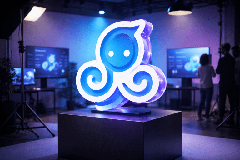 A photorealistic medium-wide cinematic shot, camera positioned approximately 1–2 meters from the subject, capturing a large freestanding 3D acrylic sculpture of the ManyChat logo in isometric perspective, finished in the official blue and white brand colors, mounted on a sleek dark pedestal with nearby monitors subtly displaying abstracted ManyChat dashboards and the logo, all clearly readable within a realistic environment. The object integrates subtle electric-purple (#7B63FF) accent edges and glow indicating intelligence or activity without overpowering realism. Set in a professional photography studio with a seamless colored cyclorama backdrop, cool blue and purple tech-noir gradient lighting washing across the background, photography gear and light stands framing the edges, a large wall screen hinting at live Instagram and WhatsApp DM analytics, and a small diverse marketing team and photographer moving naturally in the dim background and periphery. Lighting is low-key and practical, driven by studio softboxes, screens, and a soft integrated white spotlight from above and slightly to the side, gently revealing form, texture, and depth on the ManyChat logo sculpture and pedestal. Cinematic realism, natural depth of field, premium materials, ultra-detailed, 8K, no captions, no UI text readable, no watermarks.
