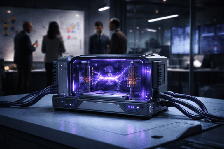 A photorealistic medium-wide cinematic shot, camera positioned approximately 1–2 meters from the subject, capturing a compact industrial electrical transformer device sitting on a light blue anti-static hardware lab workbench, its metal housing refined with clean geometric lines, subtle transparent panels and a clear safety enclosure, clearly readable within a realistic environment. The object integrates subtle electric-purple (#7B63FF) status LEDs and cable accents, with fine, controlled arcs of static electricity and faint flowing circuit-like patterns on the transparent surfaces to suggest intelligent customer insight processing without overpowering realism. Set in a dim, high-end Tech-Noir customer-experience war room / research lab at night, with glass walls, soft reflections, and large wall-mounted screens and whiteboards in the background filled with blurred sticky notes, diagrams, dashboards and journey maps. In the periphery, a small diverse team of UX and CX professionals in business-casual clothing stand and gesture around the boards and monitors, slightly out of focus with neutral, focused expressions, reinforcing a live empathy-mapping workshop while keeping the transformer as the clear hero object. Lighting is low-key and practical, coming from overhead lab panels, desk task lamps and the cool glow of multiple screens, complemented by a soft integrated white spotlight from above and slightly to the side of the transformer, gently revealing metal texture, cabling and a hint of ionized air inside the safety enclosure. Neutral corporate palette of grays, deep blues and charcoal, with restrained neon accents in electric purple and cyan, cinematic realism, natural shallow-to-medium depth of field, premium materials, ultra-detailed, 8K, no text, no captions, no watermarks.