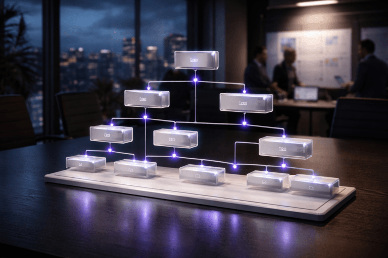 A photorealistic medium-wide cinematic shot, camera positioned approximately 1–2 meters from the subject, capturing a refined physical tabletop sculpture that represents a website sitemap: a sleek, three-dimensional isometric network of stacked matte-white acrylic panels connected by slim metallic lines and luminous node points, standing on a dark modern conference table in a UX/SEO planning room, the structure clearly readable as a hierarchical site map from this distance, with subtle interface-like grooves and soft reflections, all rendered as a realistic real-world object. The object integrates subtle electric-purple (#7B63FF) accents pulsing gently along the connection lines and around key nodes, indicating intelligence and digital activity without overpowering realism. Set in a high-rise nighttime tech-noir office environment with floor-to-ceiling windows revealing a moody city skyline above softly lit cloud layers, glass walls, large monitors showing blurred UX flows, and a few diverse professionals collaborating in the background around laptops and a digital whiteboard, slightly out of focus so the sitemap sculpture remains the hero. Lighting is low-key and practical, coming from monitor glow, desk lamps, and city lights, complemented by a soft integrated white spotlight from above and slightly to the side, gently revealing form, texture, and depth on the sitemap sculpture and table surface, with natural reflections and shadows. Cinematic realism, 35mm lens look, natural shallow-to-medium depth of field, neutral corporate tones with restrained neon purple accents, premium materials, ultra-detailed, 8K, no captions, no text overlays, no watermarks.