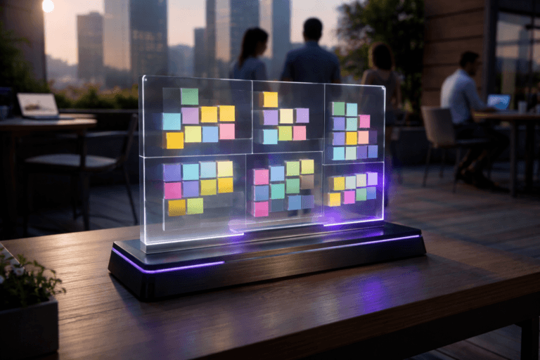 A photorealistic medium-wide cinematic shot, camera positioned approximately 1–2 meters from the subject, capturing a refined physical hero object: a sleek tabletop sculpture representing UX affinity maps, made of layered translucent glass and acrylic panels arranged like a digital whiteboard, covered with small colorful square tiles resembling sticky notes clustered into clear groups, mounted on a dark brushed-metal base with subtle integrated LED lines, clearly readable within a realistic environment. The object integrates subtle electric-purple accents (#7B63FF) glowing gently along select tile edges and within the base, indicating intelligence or activity without overpowering realism. Set in a modern rooftop coworking terrace with a wooden deck bathed in soft early-morning sunlight, overlooking a distant city skyline of glass office towers, with minimalist outdoor furniture, laptops and notebooks on nearby tables, and a small diverse group of UX and product professionals in business-casual clothing working and discussing in the background, slightly out of focus, reinforcing a remote-collaboration workshop atmosphere, with natural human presence in the background or periphery. Lighting is low-key and practical, mixing warm grazing morning sunlight from one side with cooler reflections from laptop screens and nearby windows, complemented by a soft integrated white spotlight from above that gently highlights the sculpture, revealing form, texture, and depth. Cinematic realism, 35mm lens look, natural depth of field with the hero object in crisp focus and the background softly blurred, premium materials, subtle Tech-Noir color grading with neutral corporate tones and restrained neon purple accents, ultra-detailed, 8K, no text, no captions, no watermarks.