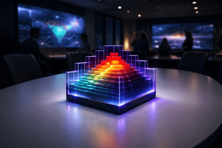 A photorealistic medium-wide cinematic shot, camera positioned approximately 1–2 meters from the subject, capturing a sleek physical “heatmap data” sculpture as the hero object: a solid glass and matte acrylic isometric 3D block with stepped layers and a gridded top surface, colored in a smooth gradient from cool blues and teals through warm oranges to intense deep reds and deep purples, softly illuminated from within, resting at the exact center of a white oval conference table, clearly readable within a realistic environment. The object integrates subtle electric-purple (#7B63FF) accents along its edges and internal light channels, indicating intelligence and live data activity without overpowering realism. Set in a modern Tech-Noir corporate analytics war-room style conference room at night, with the white oval table extending toward the camera, blurred ergonomic chairs around it, large wall-mounted screens in the background softly glowing with abstract, out-of-focus dashboards and map-like visuals, and silhouettes of a diverse marketing team in business-casual attire seated and standing naturally in the periphery, city lights and glass walls hinting at a high-rise office. Lighting is low-key and practical, coming from the ambient glow of the screens, subtle recessed ceiling lights, and a soft integrated white spotlight from above and slightly to the side of the sculpture, gently revealing form, polished textures, and depth while leaving the room in moody Tech-Noir shadows and reflections. Cinematic realism, 35mm lens look, natural shallow-to-medium depth of field isolating the sculpture as the focal point, neutral corporate color palette with restrained neon purple accents, premium materials, ultra-detailed, 8K, no captions, no text overlays, no watermarks, no identifiable real people.