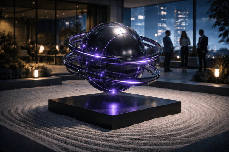 A photorealistic medium-wide cinematic shot, camera positioned approximately 1–2 meters from the subject, capturing a solid high-tech fusion reactor core sphere as a real-world data sculpture — a smooth dark-metallic sphere suspended just above the raked ground and tightly encircled by several polished magnetic rings with clearly defined structural segments and illuminated interface-like details — clearly readable as the hero object within a realistic environment. The sphere and rings integrate subtle electric-purple (#7B63FF) light traces and soft pulsing accents along seams, nodes, and pathways, suggesting flowing information and intelligent activity without overpowering realism. Set in a contemporary indoor zen garden on the terrace of a corporate tech headquarters at night, with pristine white sand carefully raked into flowing wave patterns around a minimal black pedestal, low concrete borders, and tall glass walls revealing a distant futuristic city skyline with soft neon glows and screen reflections that create a muted tech-noir atmosphere, with a few diverse UX and product professionals in business-casual clothing moving and conversing quietly in the background near low benches and a slim laptop-lit table, natural and slightly out of focus but clearly believable. Lighting is low-key and practical, combining cool ambient spill from the city outside, subtle floor-level garden lights, and screen glow with a soft integrated white spotlight from above and slightly to the side of the fusion core, gently revealing the form, metallic texture, and depth of the sphere, rings, and raked sand while casting clean, directional shadows. Cinematic realism, 35mm lens look, natural shallow-to-medium depth of field, neutral corporate color palette with restrained electric-purple and cool blue tech-noir accents, premium materials, ultra-detailed, 8K, no text, no captions, no watermarks.