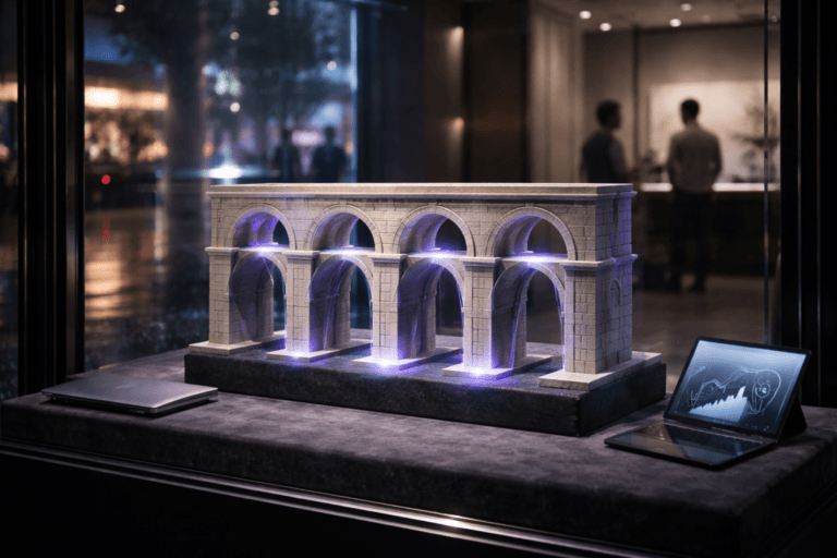 A photorealistic medium-wide cinematic shot, camera positioned approximately 1–2 meters from the subject, capturing a meticulously crafted tabletop sculpture of a Roman stone aqueduct arch as the hero object, designed with clean, modular geometry that subtly evokes an isometric metro map, each arch segment acting like a “station” while thin glass channels carry softly glowing streams of water to represent organized, data-driven content flows; the sculpture sits centered on a deep charcoal velvet pedestal inside a sleek, high-end store display window, surrounded by minimal black metal framing and a few understated analytics-style props like a closed laptop and a tablet showing abstract graphs (no visible logos or text). The object integrates subtle electric-purple (#7B63FF) accents indicating intelligence or activity without overpowering realism, with the water and key edges of the arches emitting a faint electric-purple glow that reflects gently on the velvet and nearby glass surfaces. Set in a nighttime tech-noir urban retail street environment outside the window, with rain-slick pavement, soft neon reflections, distant car light streaks, and blurred pedestrians passing by, their figures only visible as atmospheric reflections in the glass, while one or two professionals in business-casual attire appear softly out of focus deeper inside the store, secondary to the aqueduct. Lighting is low-key and practical, coming from discrete LED strips hidden in the display base, the tablet’s screen, ambient streetlights, and a soft integrated white spotlight from above that sculpts the stone texture of the arches, the shimmer of the water, and the plush velvet, creating deep contrast with restrained neon highlights. Cinematic realism, 50mm lens, f/2.8, natural shallow-to-medium depth of field, neutral corporate color palette with subtle electric-purple and cool cyan accents, premium materials, ultra-detailed, 8K, no captions, no text overlays, no watermarks.