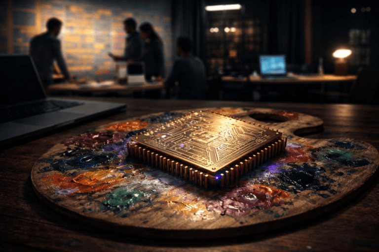 A photorealistic medium-wide cinematic shot, camera positioned approximately 1–2 meters from the subject, capturing a real golden processor chip (CPU) with finely detailed pins facing upward, resting on a worn wooden artist’s palette smeared with thick, colorful oil paints, the chip’s engraved circuitry subtly arranged in a metro-style journey-map pattern to represent UX experience mapping as the strategic “brain” of the end-to-end product experience, all clearly readable within a realistic scene. The object integrates subtle electric-purple (#7B63FF) accents along a few circuit traces and as a faint inner glow around the chip’s edge, indicating intelligence and digital activity without overpowering realism. Set in a contemporary Tech-Noir UX design studio at night, with the palette on a large worktable surrounded by laptops and sketchbooks, while in the softly blurred background a diverse group of professionals collaborates around a wall covered with journey maps, sticky notes, and interface mockups, their candid, neutral expressions and casual-professional posture adding natural human presence but remaining secondary to the chip and palette. Lighting is low-key and practical, coming from computer screens, a desk lamp, and a distant window, complemented by a soft integrated white spotlight from above and slightly to the side that gently reveals the metallic texture of the CPU, the glossy, tactile paint on the palette, and the subtle grain of the tabletop; neutral corporate tones dominate the environment with restrained neon electric-purple accents in screen reflections and ambient highlights, creating a refined Tech-Noir atmosphere. Cinematic realism, 35mm–50mm lens look, natural shallow-to-medium depth of field, premium materials, ultra-detailed, 8K, no captions, no text overlays, no watermarks.