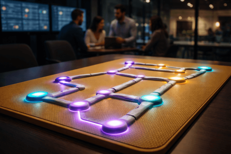A photorealistic medium-wide cinematic shot, camera positioned approximately 1–2 meters from the subject, capturing a sleek physical tabletop installation as the hero object: a precise path of smooth, luminous stone-like tiles forming branching lines between small, color-coded station-like nodes, laid out like a metro-style customer journey map, resting on a premium yellow synthetic honeycomb-textured surface, clearly readable within a modern workspace. The object integrates subtle electric-purple (#7B63FF) light pulses along selected paths and as soft edge glows around key stations, indicating intelligence and real-time activity without overpowering realism. Set in a glass-walled corporate meeting room at night in a tech office, with large wall-mounted screens in the background displaying softly blurred data dashboards, and a small, diverse group of professionals in smart-casual attire gathered around the table in the periphery, slightly out of focus, engaged in quiet discussion. Lighting is low-key and practical, coming from the glow of the tabletop installation, the ambient light of screens, and a few ceiling fixtures, complemented by a soft integrated white spotlight from above and slightly to the side that gently reveals the form, texture, and depth of the glowing path and honeycomb surface. Cinematic realism, shallow-to-medium natural depth of field, 35mm lens look, neutral corporate tones with restrained neon purple and teal accents, premium materials, ultra-detailed, 8K, no text, no captions, no watermarks.