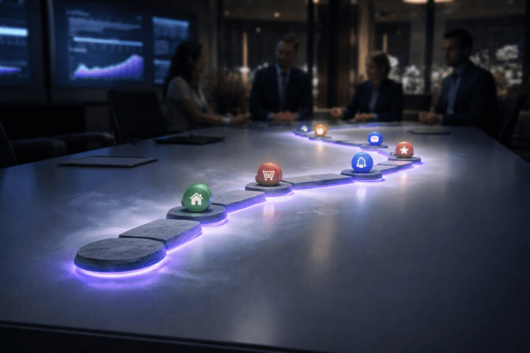 A photorealistic medium-wide cinematic shot, camera positioned approximately 1–2 meters from the subject, capturing a refined real-world tabletop customer journey map installation: a curved path of smooth, stone-like luminous tiles connecting several small, color-coded station markers on a sleek, solid white frosted-glass conference table, each node subtly glowing with electric purple #7B63FF along its edges and connection lines, premium materials and fine, high-end detailing clearly readable within a realistic environment, with a faint, realistic cool mist hugging the surface near the illuminated path. The object integrates subtle electric-purple accents indicating intelligence or activity without overpowering realism. Set in a dimly lit, modern corporate meeting room at night in a tech-noir style office, with glass walls revealing a blurred city skyline, large wall-mounted data dashboards casting soft ambient light, and a diverse group of professionals slightly out of focus around the table or in the background, observing and discussing the illuminated journey path in candid, neutral postures. Lighting is low-key and practical, coming from dimmed ceiling panels, the glow of the wall screens, and the luminous tiles themselves, complemented by a soft integrated white spotlight from above and slightly to the side, gently revealing form, texture, and depth on the stones, stations, and tabletop. Cinematic realism, natural shallow-to-medium depth of field, neutral corporate palette with restrained neon electric-purple accents, ultra-detailed, 8K, no captions, no text overlays, no watermarks.