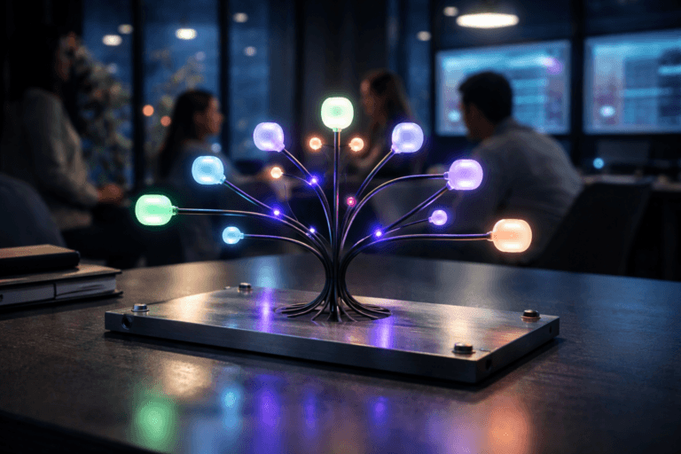 A photorealistic medium-wide cinematic shot, camera positioned approximately 1–2 meters from the subject, capturing a refined real-world hero object: a physical desk sculpture representing an AI-powered mind map, composed of slim matte-black metal branches radiating from a central core into multiple translucent acrylic nodes in soft gradient colors, each node subtly glowing, all mounted on a heavy brushed-metal plate with visible industrial screws at the corners, resting on a modern meeting-room table, clearly readable within a realistic environment. The object integrates subtle electric-purple #7B63FF accents pulsing through some of the branches and nodes, indicating intelligence and digital activity without overpowering realism. Set in a late-night Tech-Noir software architecture war-room inside a glass-walled tech office, with large windows revealing a moody city skyline and scattered neon reflections, multiple monitors in the background softly out of focus showing blurred diagrams and code, and a diverse group of realistic technology professionals in casual-smart attire collaborating around the table in the periphery, their posture candid and absorbed in discussion while remaining secondary to the sculpture. Lighting is low-key and practical, coming from desk lamps, monitor glow, and a few ceiling fixtures, complemented by a soft integrated white spotlight from above and slightly to the side of the sculpture, gently revealing the form, texture, and depth of the metal plate, screws, and acrylic nodes, with natural reflections on the brushed metal surface. Cinematic realism, 35mm lens look, natural shallow-to-medium depth of field, premium materials, ultra-detailed surfaces, subtle reflections and shadows, restrained neon accents, no captions, no text overlays, no watermarks, 8K.