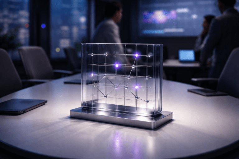 A photorealistic medium-wide cinematic shot, camera positioned approximately 1–2 meters from the subject, capturing a refined physical hero object: a premium 3D “stakeholder mapping” sculpture at the center of a white oval conference table. The sculpture is a real-world object made of layered clear glass and brushed metal, forming a power‑versus‑interest matrix as a vertical grid with small metallic nodes connected by thin lines, some nodes softly illuminated with subtle electric‑purple #7B63FF accents to suggest active, high‑influence stakeholders. The structure is clean, elegant and instantly readable from a distance, with premium materials, soft reflections and precise detailing, clearly visible as the main focal point on the table. Set in a modern corporate conference room at dusk with a Tech‑Noir atmosphere: white oval table, slightly out‑of‑focus ergonomic office chairs in the background, glass walls revealing a faint city skyline with cool blue and purple night lights, and the soft glow of nearby laptop screens and a large wall monitor showing abstract, blurred analytics. A few diverse professionals in business‑casual attire are present only in the background and periphery, partially out of frame and slightly out of focus, naturally interacting around the table and looking toward the sculpture and screens, adding realistic human context without stealing focus. Lighting is low‑key and practical, coming from overhead recessed fixtures, the wall monitor and laptop screens, complemented by a soft integrated white spotlight from above and slightly to the side that gently sculpts the stakeholder‑mapping sculpture, revealing its form, texture, reflections and depth while maintaining a restrained Tech‑Noir mood with neutral corporate tones and subtle neon purple accents. Cinematic realism, natural shallow‑to‑medium depth of field, 35mm photographic look, premium materials, ultra‑detailed, 8K, no text, no captions, no watermarks.