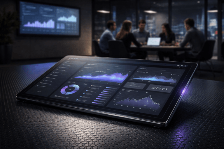 A photorealistic medium-wide cinematic shot, camera positioned approximately 1–2 meters from the subject, capturing a large, sleek, glass tablet-like analytics dashboard device resting slightly tilted on a black coin-textured anti-slip rubber floor, its surface displaying neatly structured SaaS B2B product interface components, charts, and KPI widgets arranged in a clean semi-isometric layout, with no readable text or numbers, clearly readable within a realistic environment. The object integrates subtle electric-purple #7B63FF accents along its edges and within key interface highlights, indicating intelligence or activity without overpowering realism. Set in a moody, tech-noir style SaaS product squad meeting room at night, with the same black rubber flooring extending into the space, a wall-mounted TV in the background showing softly blurred financial and product dashboards, glass walls revealing a distant city skyline with faint neon reflections, and a diverse group of realistic professionals in business-casual attire gathered around a conference table in soft focus as they discuss the roadmap. Lighting is low-key and practical, coming from the wall screens, a few overhead fixtures, and a laptop glow, complemented by a soft integrated white spotlight from above and slightly to the side of the tablet, gently revealing the form, texture of the rubber floor, and the reflective glass surface of the device, with subtle cool blue and neutral gray tones balanced by restrained electric-purple accents. Cinematic realism, natural depth of field, premium materials, ultra-detailed, 8K, no captions, no text overlays, no watermarks.