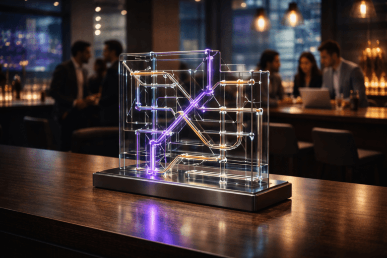 A photorealistic medium-wide cinematic shot, camera positioned approximately 1–2 meters from the subject, capturing a premium glass-and-metal tabletop sculpture as the hero object, physically representing a Market Segmentation Strategy: an intricate, isometric-inspired 3D metro-map structure with multiple layered rails and intersecting routes, each line a different muted color, with small glossy nodes at intersections, all mounted on a sleek dark base. The sculpture feels solid, weighty and real, with subtle electric-purple (#7B63FF) light tracing along a few key lines and nodes to indicate data intelligence and strategic activity without looking sci‑fi or overpowering. Set on a polished dark wooden bar counter in a contemporary tech-noir cocktail bar frequented by professionals, with a softly glowing city skyline and abstract data visuals on distant wall screens in the background. Natural human presence appears in the periphery: a diverse group of well-dressed professionals in soft focus, casually conversing over drinks and a laptop at the bar, their faces neutral and candid, clearly secondary to the sculpture. Lighting is low-key and practical, coming from overhead bar pendants, screen glow and subtle accent LEDs; a soft integrated white spotlight from above and slightly to the side cleanly illuminates the segmentation sculpture, bringing out the reflections in the glass, brushed metal textures, and depth of the isometric geometry. Cinematic realism, natural shallow-to-medium depth of field, neutral corporate tones with restrained neon purple accents, premium materials, ultra-detailed, 8K, no captions, no text overlays, no watermarks.