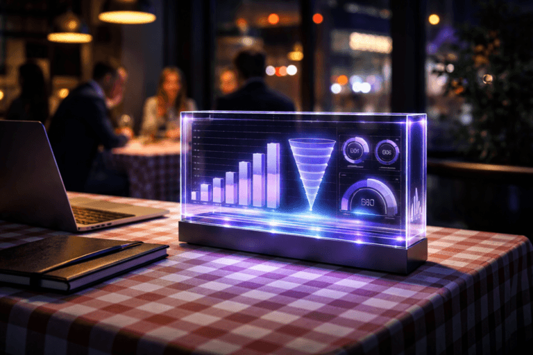A photorealistic medium-wide cinematic shot, camera positioned approximately 1–2 meters from the subject, capturing a sleek, semi-translucent acrylic desktop sculpture that physically represents modern data-driven marketing — layered glass-like panels encased in a single refined block, with embossed bar charts, funnels, and KPI dials softly illuminated — resting on a restaurant table with a classic red-and-white checkered tablecloth, beside a slim open laptop and a closed notebook, clearly readable within a realistic environment. The object integrates subtle electric-purple (#7B63FF) accents along its edges and within the softly glowing data elements, indicating intelligence and real-time activity without overpowering realism. Set in a contemporary urban restaurant at night with a refined tech-noir atmosphere, the checkered-tablecloth table is near a large window catching blurred reflections of city neon and passing traffic; in the softly defocused background, a small group of diverse professionals converse over drinks and open laptops, with a server walking past, providing natural human presence in the periphery. Lighting is low-key and practical, coming from warm pendant lamps, the cool glow of laptop screens, and ambient streetlights outside, complemented by a soft integrated white spotlight from above that gently sculpts the sculpture, the texture of the checkered fabric, and the table’s edges, revealing form, materiality, and depth. Cinematic realism, neutral corporate color palette with restrained cool blues and electric-purple accents, natural shallow-to-medium depth of field, premium materials, ultra-detailed, 8K, no captions, no text overlays, no watermarks.