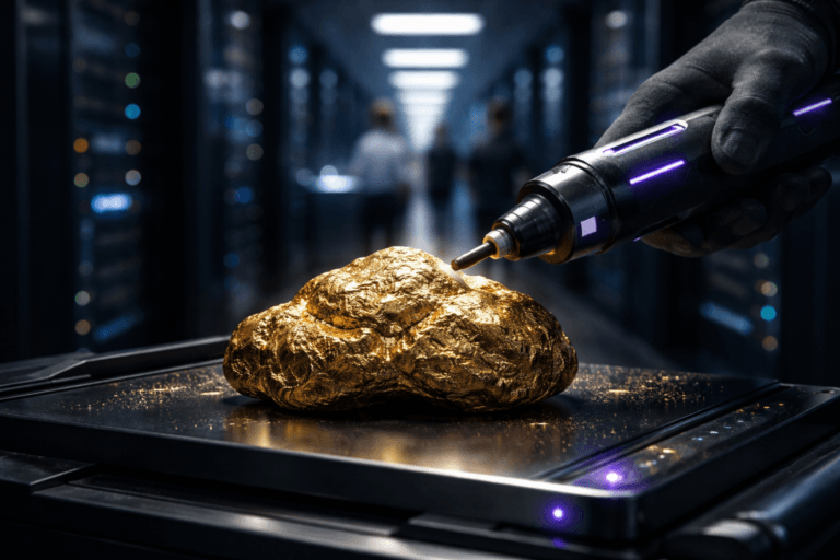 A photorealistic medium-wide cinematic shot, camera positioned approximately 1–2 meters from the subject, capturing a rough, irregular gold nugget resting on a sleek dark-metal workstation in a data center corridor, being carefully polished by a precise handheld polishing tool, the nugget clearly readable as the hero object within a realistic environment. The object integrates subtle electric-purple (#7B63FF) accents indicating intelligence and data-driven optimization, seen as faint reflections and a discreet glow from nearby status LEDs on the metal surface and polishing tool, without overpowering realism. Set in a cold, low-lit tech-noir data center hallway flanked by tall black server racks stretching into the background, scattered with small blinking lights and soft reflections on the polished floor, with a few diverse professionals in smart-casual attire in the background and periphery, slightly out of focus as they walk the corridor or review analytics on open laptops and tablets. Lighting is low-key and practical, coming from overhead strip lights, server rack LEDs, and complemented by a soft integrated white spotlight from above and slightly to the side of the gold nugget, gently revealing form, texture, and depth in the metal, the tool, and the workstation. Cinematic realism, 35mm lens look, natural shallow-to-medium depth of field with servers and people receding into a smooth blur, premium materials, ultra-detailed surfaces and reflections, clean corporate palette with restrained neon purple accents, 8K, no text, no captions, no watermarks.
