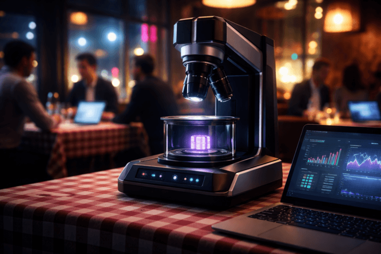 A photorealistic medium-wide cinematic shot, camera positioned approximately 1–2 meters from the subject, capturing a sleek, high-end desktop electronic microscope placed on a restaurant table, its lens focused on a single luminous “data cell” sample inside a small glass chamber, with discrete indicator lights along its controls and base and an unbranded nearby laptop softly displaying an abstract real-time analytics dashboard with charts and graphs (no readable text, no logos), clearly readable within a realistic environment. The object integrates subtle electric-purple accents indicating intelligence or activity without overpowering realism. Set in a dimly lit modern urban restaurant at night, with a classic red-and-white checkered tablecloth on the hero table, neon city lights and passing traffic visible through large windows, and a diverse group of professionals in smart-casual attire sitting and standing around in the background and periphery, collaborating over laptops and tablets that emit a soft screen glow with blurred dashboards (no readable text), all kept gently out of focus so the microscope remains the primary focal point. Lighting is low-key and practical, coming from warm overhead fixtures, window spill, and device screens, complemented by a soft integrated white spotlight from above that subtly highlights the microscope and glowing data cell, gently revealing form, texture, and depth. Cinematic realism, natural depth of field, premium materials, ultra-detailed, 8K, Tech-Noir mood with restrained electric-purple #7B63FF neon reflections, no captions, no text overlays, no watermarks.