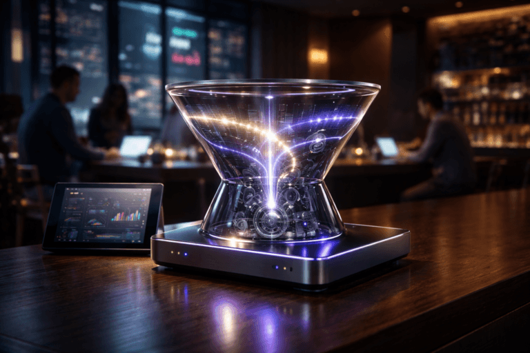 A photorealistic medium-wide cinematic shot, camera positioned approximately 1–2 meters from the subject, capturing a sleek physical tabletop “marketing automation” control module: a transparent glass-and-brushed-metal funnel-shaped machine resting solidly on a polished dark wooden bar counter, its internal precision gears and channels visibly processing glowing streams of light that symbolize customer journeys, with a small adjacent tablet showing a softly blurred analytics dashboard, clearly readable as a high-end tech object within a realistic environment. The object integrates subtle electric-purple #7B63FF accents along edge lighting, tiny indicator LEDs, and faint halos around key gears, indicating intelligence and activity without overpowering realism. Set in a dimly lit contemporary bar-lounge with a polished dark wood counter, large windows revealing a neon-tinged city skyline at night, and a few diverse marketing professionals in smart-casual attire talking quietly and checking laptops in the background, giving the space a corporate tech-noir war-room atmosphere; shot on a 35mm lens at a slight three-quarter angle for depth and presence. Lighting is low-key and practical, coming from bar pendants, laptop screens, and the city glow, complemented by a soft integrated white spotlight from above and slightly to the side, gently revealing the form, glass reflections, metal textures, and depth of the funnel machine and counter surface. Cinematic realism, natural shallow-to-medium depth of field with the hero object crisply in focus and background softly blurred, premium materials, ultra-detailed, 8K, no legible text on screens, no captions, no watermarks.