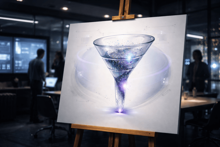 A photorealistic medium-wide cinematic shot, camera positioned approximately 1–2 meters from the subject, capturing a large white canvas on a wooden easel as the hero object, featuring a highly detailed, translucent glass funnel illustration at its center, the funnel designed as a sleek data-visualization sculpture with tiny colored particles flowing in a smooth downward spiral to represent a B2B marketing funnel, edges crisp, glass subtly reflective, particles in muted corporate tones with refined electric-purple highlights, surrounded by minimal abstract interface-like shapes but no visible text or numbers, clearly readable within a realistic environment. The object integrates subtle electric-purple accents indicating intelligence or activity without overpowering realism. Set in a dimly lit, modern B2B marketing “war room” office at night, with the easel positioned near a conference table, large wall-mounted screens and glass partitions in the background showing soft-focus charts and dashboards without legible text, cool blue-gray and charcoal interiors, faint neon reflections from the city skyline outside, a few diverse marketing professionals standing and collaborating around laptops and devices at the table, slightly out of focus so the easel and funnel artwork remain the clear focal point, soft ambient haze and reflective surfaces adding a restrained Tech-Noir atmosphere, with natural human presence in the background or periphery. Lighting is low-key and practical, complemented by a soft integrated white spotlight from above or the side, gently revealing form, texture, and depth. Cinematic realism, natural depth of field, premium materials, ultra-detailed, 8K.