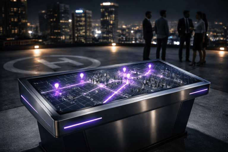 A photorealistic medium-wide cinematic shot, camera positioned approximately 1–2 meters from the subject, capturing a sleek physical city-map sculpture as the hero object: a premium glass-and-brushed-metal tabletop “local search” console set at waist height, with miniature 3D city blocks and streets, embedded LED heatmap paths and glowing location pins subtly pulsing in electric purple #7B63FF to symbolize local search marketing performance, clearly readable within a realistic environment. The object integrates subtle electric-purple accents indicating intelligence or activity without overpowering realism. Set on a rooftop heliport atop a modern high-rise, the large white “H” marking visible on the concrete around the console, framed by a panoramic night-time city skyline with distant office towers, traffic trails and restrained neon reflections in a moody tech-noir atmosphere, with a small group of diverse professionals in smart business-casual attire standing and conversing near the edges of the helipad and around the console, slightly out of focus and secondary to the sculpture. Lighting is low-key and practical, coming from nearby rooftop fixtures and the city glow, complemented by a soft integrated white spotlight from above that gently illuminates the map sculpture, revealing precise form, glass reflections, metal textures and depth, while the background falls into a natural shallow-to-medium depth of field. Cinematic realism, neutral corporate tones with restrained neon accents, premium materials, ultra-detailed, 8K, no text, no captions, no watermarks.