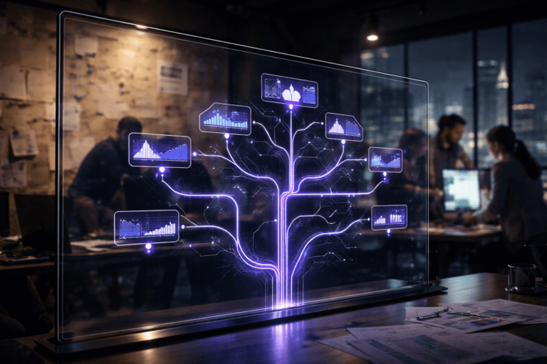 A photorealistic medium-wide cinematic shot, camera positioned approximately 1–2 meters from the subject, capturing a sleek, semi-transparent 3D isometric “data family tree” dashboard displayed on a large glass screen, its interconnected branches and leaf-like nodes clearly readable and representing interconnected content performance metrics within a realistic environment. The object integrates subtle electric-purple accents indicating intelligence or activity without overpowering realism. Set in a dimly lit, tech-noir marketing war room office at night, with floor-to-ceiling windows hinting at a futuristic city skyline, walls partially covered with smoothed-out crumpled kraft paper sheets used as an analog planning and campaign-mapping surface, and a few diverse marketing professionals collaborating in the background around desks and monitors, slightly out of focus. Lighting is low-key and practical, coming from computer monitors, desk lamps, and ambient city glow, complemented by a soft integrated white spotlight from above, gently revealing form, texture, and depth on the glass dashboard and kraft paper wall. Cinematic realism, natural depth of field, premium materials, subtle neon reflections, ultra-detailed, 8K, 35mm lens, no text, no captions, no watermarks.