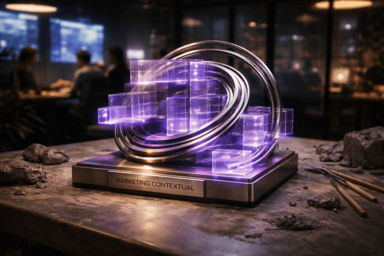 A photorealistic medium-wide cinematic shot, camera positioned approximately 1–2 meters from the subject, capturing a refined real-world hero object: a stylized physical desk sculpture representing Marketing Contextual, built from polished acrylic and brushed metal concentric rings and intersecting panels arranged in an isometric, grid-like structure, with subtle electric-purple (#7B63FF) light running along its edges and small translucent tiles suggesting layered contexts, clearly readable on the table surface. The sculpture sits on a gray clay-smudged ceramic worktable, with traces of hand-shaped clay and modeling tools around it, grounding the scene in tactile craftsmanship. Set in a moody, real-world Tech-Noir creative marketing studio at night inside a modern office, with large wall-mounted screens in the softly blurred background displaying abstract, out-of-focus analytics dashboards, glass walls hinting at a city skyline with faint neon reflections, and a few diverse marketing professionals in the periphery collaborating quietly, partially out of focus so they remain secondary to the object. Lighting is low-key and practical, coming from the overhead pendant lamps, a nearby monitor glow, and a soft integrated white spotlight from the side that gently reveals the sculpture’s form, the wet texture of the clay, and the matte surface of the ceramic table, while subtle electric-purple accents add a futuristic, privacy-first tech-noir mood without overpowering realism. Cinematic realism, 35mm lens look, natural shallow-to-medium depth of field, premium materials, ultra-detailed surfaces, crisp reflections, 8K resolution, no captions, no legible interface text, no watermarks.