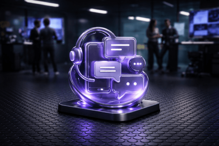 A photorealistic medium-wide cinematic shot, camera positioned approximately 1–2 meters from the subject, capturing a stylized physical centerpiece sculpture representing conversational marketing: a polished, desk-sized 3D isometric structure of interlocking translucent chat bubbles, generic message icons, and subtle silhouettes of a smartphone and headset, all fused into a single sleek sculptural form, resting on a matte black coin-pattern anti-slip rubber floor (piso moeda), clearly readable within a realistic environment. The object integrates subtle electric-purple (#7B63FF) edge accents and soft internal reflections indicating intelligence and real-time data flow without overpowering realism. Set in a dark, modern tech-noir performance-marketing war room with the same black coin-pattern rubber flooring extending into the space, distant glass walls, and a few large out-of-focus screens casting cool bluish light with abstract UI shapes (no readable text), with a small diverse group of marketing professionals in the background and periphery, candidly collaborating near the screens and standing desks. Lighting is low-key and practical, coming from the screens, a few ceiling strips, and a soft integrated white spotlight from above and slightly to the side of the sculpture, gently revealing the form, texture, and depth of the rubber floor and premium materials of the object. Cinematic photographic realism, 35mm lens look, natural shallow-to-medium depth of field, neutral corporate color palette with restrained electric-purple neon accents, ultra-detailed, 8K, no captions, no text overlays, no logos, no watermarks.