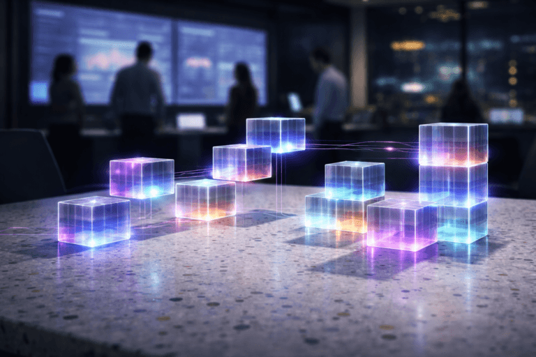 A photorealistic medium-wide cinematic shot, camera positioned approximately 1–2 meters from the subject, capturing a cluster of semi-translucent colored glass “data” cubes clearly readable within a realistic environment, the cubes softly glowing and subtly hovering just above a white granilite (terrazzo) tabletop with colorful stone chips, self-organizing into clean geometric stacks and bridges that evoke structured real-time marketing data flows, with occasional thin light trails connecting them like live data streams. The object integrates subtle electric-purple accents indicating intelligence or activity without overpowering realism, with electric purple #7B63FF gently embedded in cube edges, reflections, and faint data lines. Set in a modern, low-lit marketing command center / war room at night, with the terrazzo conference table extending into the scene, large wall-mounted screens in the background displaying softly blurred, text-free analytics and charts, and a few diverse marketing professionals in smart casual attire standing and collaborating around the table, slightly out of focus, illuminated by the cool glow of the screens and city lights filtering through a distant glass wall. Lighting is low-key and practical, complemented by a soft integrated white spotlight from above that grazes the cubes and terrazzo surface, gently revealing form, texture, and depth while keeping the room in moody Tech-Noir ambiance. Cinematic realism, natural depth of field, 35mm lens look, neutral corporate tones with restrained neon purple accents, premium materials, ultra-detailed, 8K, no text, no captions, no watermarks.