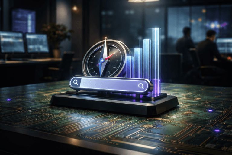 A photorealistic medium-wide cinematic shot, camera positioned approximately 1–2 meters from the subject, capturing a desk-sized physical sculpture representing modern Search Marketing (“Marketing de Busca”): a refined brushed-metal compass fused with a sleek glass search bar and a rising translucent revenue graph, all mounted on a matte-black base and resting firmly on the surface of a giant green printed circuit board with intricate copper traces, the sculpture clearly readable within a realistic environment. The object integrates subtle electric-purple (#7B63FF) LED-like accents along its edges and in tiny indicator lights across the PCB, suggesting intelligence and live data flow without overpowering realism. Set in a Tech-Noir operations room where the oversized PCB functions as a futuristic conference table, surrounded by softly blurred computer workstations showing abstract analytics dashboards, glass walls revealing a faint neon-lit cityscape at night, and a few diverse professionals in business-casual attire moving or collaborating in the background, kept secondary and slightly out of focus. Lighting is low-key and practical, coming from monitor glow, a distant window and small desk lamps, complemented by a soft integrated white spotlight from above that gently reveals the form, texture and depth of the sculpture and the PCB’s copper tracks. Cinematic realism, natural shallow-to-medium depth of field, neutral corporate tones with restrained neon purple accents, premium materials, ultra-detailed, 8K, no captions, no text overlays, no watermarks.