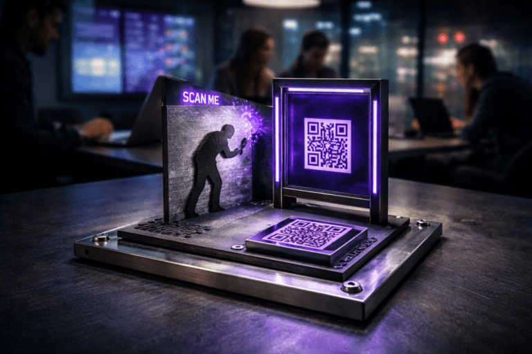 A photorealistic medium-wide cinematic shot, camera positioned approximately 1–2 meters from the subject, capturing a tactile tabletop guerrilla marketing sculpture: a compact, physically built 3D installation made of brushed metal and matte black acrylic, combining a miniature fragment of city sidewalk with a cut-out spray-paint stencil, a small upright billboard frame, and a glossy QR-code tile, all mounted securely on a rectangular brushed-metal plate with industrial screws in each corner on the table surface, clearly readable within a realistic environment. The object integrates subtle electric-purple (#7B63FF) accents indicating intelligence and activity, glowing softly along the stencil edges, QR tile, and thin light strips in the billboard frame, without overpowering realism. Set in a dimly lit late-night marketing war-room in a modern agency, with a heavy brushed-metal table, large wall screens softly displaying abstract campaign dashboards, graphs and heatmaps, glass walls revealing a rainy neon-lit city street outside, and a small diverse group of marketers in smart-casual attire blurred in the background or at the periphery, leaning over laptops, tablets and printouts in candid discussion. Lighting is low-key and practical, coming from the wall screens, a desk lamp and faint city glow, complemented by a soft integrated white spotlight from above that gently reveals the form, texture and depth of the brushed-metal plate, screws and sculptural details. Cinematic realism, natural shallow-to-medium depth of field isolating the sculpture as the hero object, premium materials, subtle reflections on metal, restrained neon accents in electric purple, ultra-detailed, 8K, no captions, no text overlays, no watermarks.