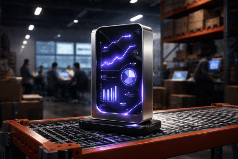 A photorealistic medium-wide cinematic shot, camera positioned approximately 1–2 meters from the subject, capturing a sleek physical hero object: a premium glass-and-brushed-metal sculptural device representing digital marketing, shaped like a compact vertical dashboard monolith with embedded glowing charts, graphs, and connection lines, resting securely on an orange industrial warehouse rack shelf, clearly readable within a realistic environment. The object integrates subtle electric-purple (#7B63FF) accents along its edges, light trails, and data nodes indicating intelligence or activity without overpowering realism. Set in a large contemporary industrial warehouse turned tech-noir marketing operations floor, with tall orange racks, stacked boxes and equipment, cable runs, and in the distance a wall of oversized screens softly displaying blurred analytics dashboards and campaign performance panels; in the background and periphery, a diverse squad of marketing and media professionals in smart-casual attire collaborate around laptops and tablets between the aisles, naturally posed, neutral expressions, slightly out of focus. Lighting is low-key and practical, with overhead warehouse fixtures, glow from the screens, and a few accent LEDs, complemented by a soft integrated white spotlight from above and slightly to the side, gently revealing form, texture, and depth of the hero object and the rack. Cinematic realism, natural medium-shallow depth of field, neutral corporate color palette with restrained neon electric-purple accents, premium materials, ultra-detailed, 8K, no captions, no text overlays, no watermarks.