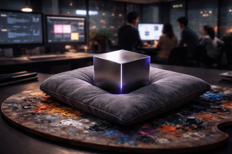 A photorealistic medium-wide cinematic shot, camera positioned approximately 1–2 meters from the subject, capturing a small, ultra-dense tungsten cube visibly sinking into a plush contemporary cushion, the cushion and cube resting on a worn artist’s palette smeared with colorful oil paints, all clearly readable as the central hero object on a sleek agency desk. The tungsten cube and cushion integrate subtle electric-purple (#7B63FF) accent reflections and thin edge lighting, suggesting intelligent, data-driven influence without overpowering realism. Set in a modern tech-noir creative agency workspace at night, with large monitors in the background softly displaying blurred social media dashboards and campaign analytics, glass partitions, and a faint cityscape glowing through the windows. Natural human presence appears in the background as a diverse group of marketing professionals collaborating around screens and moodboards, slightly out of focus so they remain secondary to the hero object. Lighting is low-key and practical, coming from monitor glow, a desk lamp, and a soft integrated white spotlight from the side, gently revealing the weight of the cube, the texture of the cushion, the glossy paint on the palette, and the premium materials on the desk. Cinematic realism, natural depth of field, neutral corporate tones with restrained neon purple accents, ultra-detailed, 8K, no text, no captions, no watermarks.