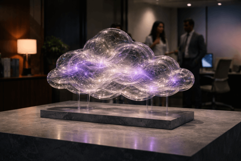 A photorealistic medium-wide cinematic shot, camera positioned approximately 1–2 meters from the subject, capturing a refined real-world hero object: a tactile, physically plausible "data cloud" sculpture made from layered blown glass and cast acrylic cloud-forms (30–50 cm wide) suspended just above a matte gray soapstone plinth by nearly invisible clear supports; the sculpture contains finely embedded fiber-optic filaments and micro-LED particles that pulse with subtle electric purple (#7B63FF) accents and warm white core glows, inner surfaces micro-etched with faint circuit-like patterns to suggest data flow — the sculpture is clearly readable at 1–2 meters and sits naturally on the stone surface. The object integrates subtle electric-purple accents indicating intelligence or activity without overpowering realism. Set in a modern Tech-Noir corporate innovation lounge (translated from Portuguese: "sobre uma superfície de pedra sabão cinza fosca") — a lived-in executive workspace with dark wood, matte concrete, glass partitions and a minimal gradient wall in neutral tones; practical light sources include a table lamp, laptop screens, and a muted LED strip, with two diverse professionals in business-casual attire in the background (candid, neutral expressions, slightly out of focus) to provide human scale and context. Lighting: low-key and controlled, practical ambient light plus a soft integrated white spotlight from above and slightly to the side that gently reveals form, texture, and depth; subtle rim lighting from background screens and a restrained electric-purple fill to emphasize the embedded particles without creating unnatural glows. Camera and framing: medium-wide cinematic composition, 35mm photographic look, camera ~1.5 m from subject, eye-level to slightly elevated angle, shallow-to-medium depth of field (focus plane on sculpture, bokeh on background figures), aperture around f/2.8–f/4, natural perspective and realistic vanishing lines. Color palette: neutral corporate tones (charcoal, slate, warm wood) with restrained neon accents, primary accent Electric Purple #7B63FF used sparingly in particle highlights and UI-like reflections on the glass. Visual style: photorealistic cinematic realism with subtle Tech-Noir influence, premium materials, ultra-detailed surface textures (glass clarity, micro-etching, soapstone grain), realistic reflections and soft natural shadows. Level of realism: fully photorealistic, physically plausible materials and scale. Constraints: no text, no captions, no logos unless provided separately, no watermarks, no floating or magical light sources, no surreal or painterly artifacts. Render directives: ultra-detailed, 8K, natural skin tones for people, realistic fabric and materials, high dynamic range, clean compositing suitable for marketing and corporate use.