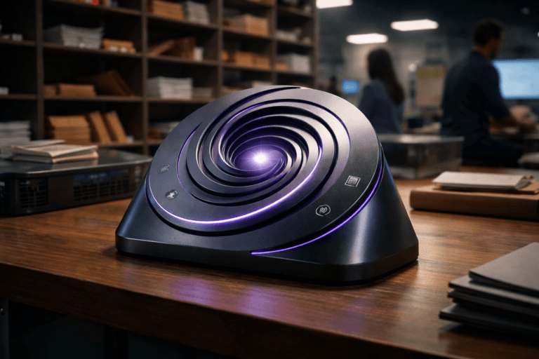 A photorealistic medium-wide cinematic shot, camera positioned approximately 1–2 meters from the subject, capturing a premium matte-black and brushed-metal tabletop “omnichannel hub” sculpture symbolizing Marketing Omnichannel, a physically real device about the size of a laptop with circular, multi-layered rings and slim illuminated channels converging into a central core, small abstract channel icons (web, mobile, store, social) etched into its surface, clearly readable on a real mail-sorting desk. The object integrates subtle electric-purple #7B63FF edge accents and internal light lines indicating intelligence and data flow without overpowering realism. Set in the back office of a modern postal and e‑commerce fulfillment center, on a wooden mail classification table with warm wooden pigeonhole compartments filled with envelopes and small parcels in the background, scattered sorting trays, a barcode scanner and a muted computer monitor off to the side, all under a restrained Tech-Noir mood. Natural human presence appears in the periphery as one or two diverse logistics employees in business-casual clothing, slightly out of focus, moving and working candidly among the mail shelves. Lighting is low-key and practical, coming from overhead office fixtures and the glow of screens, complemented by a soft integrated white spotlight from above and slightly to the side that gently reveals the sculpture’s form, brushed-metal texture, and engraved details, while the background falls into a subtle blur. Cinematic realism, natural depth of field, premium materials, ultra-detailed, 8K, no captions, no text overlays, no watermarks.