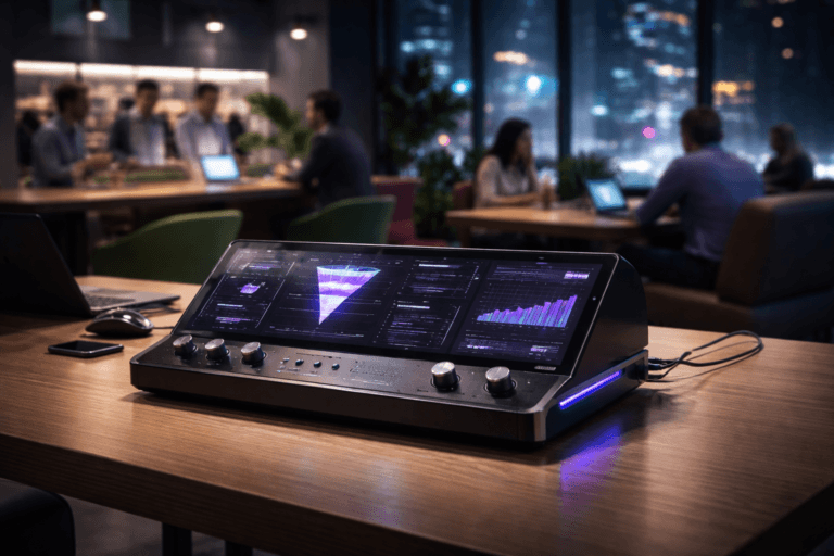 A photorealistic medium-wide cinematic shot, camera positioned approximately 1–2 meters from the subject, capturing a sleek physical “marketing operations control hub” as the hero object — a premium black-metal tabletop console about the size of a laptop, with layered smoked-glass panels showing softly glowing abstract charts, dashboards, and funnel-like data visualizations, tactile knobs and sliders, subtle cable connections to a nearby blurred laptop and smartphone, all clearly readable within a realistic environment. The object integrates subtle electric-purple (#7B63FF) light accents along edges, indicators, and data lines, suggesting intelligence and orchestration without overpowering the neutral corporate palette of graphite, charcoal, and soft grays. Set in a modern, softly lit corporate food court in a tech company headquarters at night, on a polished light-wood cafeteria table surrounded by colorful yet muted chairs and booth seating; in the mid- and background, diverse professionals in business-casual attire talk over coffee, check laptops, and move through self-service stations, with large windows revealing a rainy cityscape and blurred neon reflections, plus defocused digital menu boards adding a tech-noir glow. Lighting is low-key and practical, coming from overhead pendant lamps, screen glow, and ambient city light, complemented by a soft integrated white spotlight from above and slightly to the side that gently reveals the console’s form, brushed metal texture, and glass reflections, with natural shadows on the table. Cinematic realism, 35mm lens look, natural shallow-to-medium depth of field isolating the hero object, premium materials, ultra-detailed, 8K, no captions, no visible text, no logos, no watermarks.