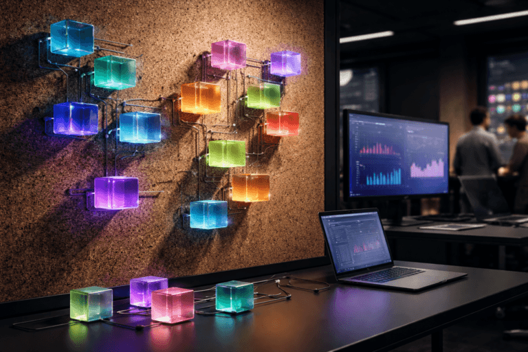 A photorealistic medium-wide cinematic shot, camera positioned approximately 1–2 meters from the subject, capturing a set of semi-translucent colored acrylic “data” cubes as the hero object, neatly arranged and pinned onto a large natural cork wall into precise geometric clusters, with additional cubes resting on a matte black desk beneath, subtly connected by thin metal rods and discreet wiring like a tangible data map for marketing decisions, alongside a slim laptop and a curved monitor on the desk softly displaying blurred analytics dashboards and charts, clearly readable as a data-driven marketing command center within a realistic environment. The object integrates subtle electric-purple (#7B63FF) accents indicating intelligence or activity without overpowering realism, such as faint purple edge-lighting on the cubes, soft purple reflections on the desk, and a gentle purple glow from interface elements on the screens. Set in a dim contemporary marketing war room office with a full-height textured cork feature wall, matte black desks, multiple large monitors showing out-of-focus graphs, a side window revealing faint city lights at night, and a few diverse marketing professionals in smart-casual attire collaborating in the background, slightly out of focus, all styled with a restrained tech-noir ambience and neutral corporate tones accented by minimal neon purples and cool blues. Lighting is low-key and practical, coming from the monitors, a desk lamp, and a ceiling fixture, complemented by a soft integrated white spotlight from above and slightly to the side, gently revealing the form, texture, and depth of the acrylic cubes, cork surface, and brushed-metal details. Cinematic realism, natural depth of field with the hero cubes in crisp focus and background softly blurred, premium materials, ultra-detailed, 8K, no text, no captions, no watermarks, no recognizable brand logos.