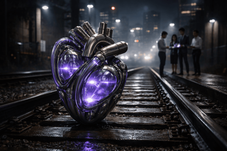 A photorealistic medium-wide cinematic shot, camera positioned approximately 1–2 meters from the subject, capturing a life-sized mechanical heart device made of brushed steel and glass resting firmly on realistic railway tracks with weathered wooden sleepers, its transparent chambers rhythmically pumping a softly glowing electric-purple (#7B63FF) fluid through clear tubes arranged in a clean, stylized pattern, clearly readable and sharply in focus as a metaphorical “engine” of a modern B2B SaaS referral marketing system within a realistic environment. The object integrates subtle electric-purple accents indicating intelligence and data flow without overpowering the neutral metallic and charcoal tones of the device and rails. Set in a moody nighttime urban railway corridor on the edge of a modern city, with rain-dampened tracks reflecting distant city lights and gentle neon glows, industrial side walls and signal structures receding into the background, and a small group of diverse professionals in business-casual attire standing on a service platform beside the tracks, slightly out of focus as they review analytics on laptops and tablets, providing natural human presence in the periphery. Lighting is low-key and practical, combining soft overhead industrial lamps, faint city glow, and screen light from the devices, complemented by a soft integrated white spotlight from above and slightly to the side of the mechanical heart, gently revealing metal surfaces, glass transparency, the flowing luminous fluid, and the texture of the wooden sleepers. Cinematic realism, 35mm–50mm lens look, natural shallow-to-medium depth of field, premium materials, ultra-detailed surfaces, subtle Tech-Noir atmosphere with restrained neon accents, 8K resolution, no captions, no on-screen text, no watermarks.