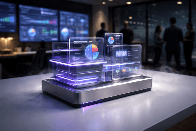 A photorealistic medium-wide cinematic shot, camera positioned approximately 1–2 meters from the subject, capturing a premium physical “Marketing Resource Management” control sculpture as the hero object: a compact tabletop device that merges a minimalist metal base with a stacked, isometric-style array of translucent glass panels and embedded miniature screens suggesting budgets, timelines, and campaign tiles, resting on a smooth solid white surface with a subtle dry-ice-like mist drifting over it, clearly readable within a realistic environment. The object integrates subtle electric-purple (#7B63FF) accent lines along panel edges and soft interface glows indicating intelligence or activity without overpowering realism. Set in a dimly lit corporate “marketing war room” during a major product launch, with a panoramic wall of dashboards and product roadmaps on large screens, glass walls hinting at a nighttime city skyline, and diverse marketing and product managers blurred in the background or periphery, standing in small groups and reviewing data. Lighting is low-key and practical, coming from the wall screens, table lamps, and ceiling fixtures, complemented by a soft integrated white spotlight from above and slightly to the side, gently revealing form, texture, and depth on the sculpture and the white surface. Cinematic realism, natural depth of field, premium materials, ultra-detailed, 8K, no text overlays, no captions, no watermarks.