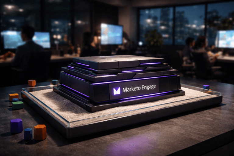 A photorealistic medium-wide cinematic shot, camera positioned approximately 1–2 meters from the subject, capturing a sleek physical tabletop sculpture inspired by Adobe Marketo Engage: a matte dark-metal control hub with layered, modular panels and embedded LED strips, sitting in a shallow glass sandbox tray filled with fine white sand atop a large workstation desk, the official Marketo Engage logo clearly visible and realistically printed and subtly backlit on the front face of the device, clearly readable within a realistic environment. The object integrates subtle electric-purple (#7B63FF) accents along its edges and indicator lights, suggesting intelligence and real-time orchestration without overpowering realism. Set in a modern B2B marketing war room at night, the sandbox tray surrounded by a few small, colorful but minimalistic toy-like data blocks and funnels that hint at experimentation, inside an open-plan tech office with large windows showing a moody city skyline, softly glowing dashboards and analytics screens on distant walls, and a diverse group of marketing professionals in smart-casual attire collaborating at nearby desks in soft focus in the background. Lighting is low-key and practical, coming from desk lamps, computer monitors, and distant ceiling fixtures, complemented by a soft integrated white spotlight from above and slightly to the side of the Marketo sculpture, gently revealing form, texture, and depth of the device, sand, and desk surface. Cinematic realism, natural shallow-to-medium depth of field, premium materials, ultra-detailed, 8K, no text overlays, no watermarks.