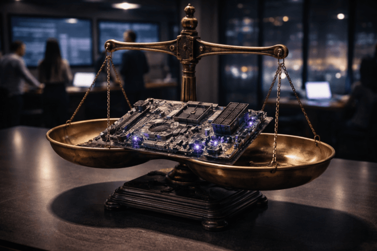 A photorealistic medium-wide cinematic shot, camera positioned approximately 1–2 meters from the subject, capturing a complex, high-end physical motherboard with visible copper traces and dense components resting neatly in the brass dish of an antique two-pan balance scale on a dark, matte conference table, the scale and motherboard together forming the clear hero object in the frame; subtle electric-purple (#7B63FF) glows run along select circuit traces and tiny status LEDs on the board, suggesting intelligent activity without feeling sci‑fi or overpowering. Set in a contemporary corporate product-and-technology war room at night with a Tech-Noir atmosphere: glass walls revealing a softly blurred modern cityscape with hints of neon reflections, large wall-mounted dashboards and monitors in the background showing out-of-focus marketplace analytics and microservice diagrams, and a small, diverse group of professionals in business-casual attire collaborating around other screens in the periphery, slightly out of focus so they support but never compete with the hero object. Lighting is low-key and practical, coming from overhead office fixtures, monitor glow, and a focused soft white spotlight from above and slightly to the side that gently sculpts the brass texture of the scale and the surface of the motherboard, revealing fine details, reflections, and depth; natural shallow-to-medium depth of field, 35mm cinematic look, neutral corporate color palette with restrained electric-purple accents echoing on nearby screens and reflections, premium materials, ultra-detailed, 8K, cinematic realism, no text, no captions, no watermarks.